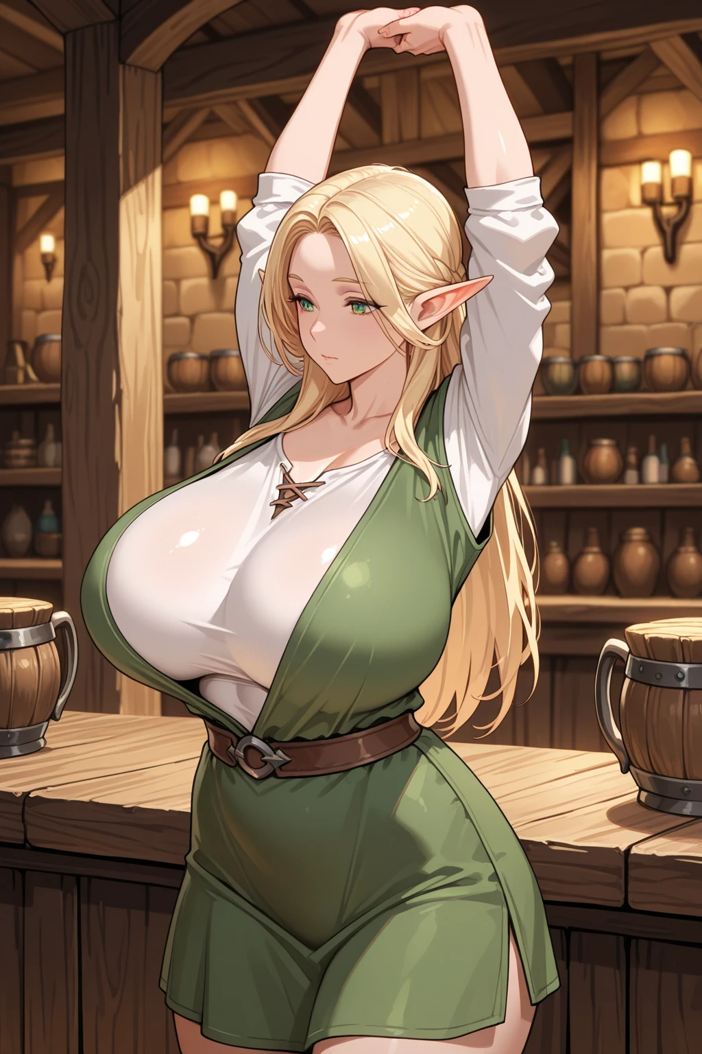 ((Medieval fantasy setting)). score_9, score_8_up, score_7_up, score_6_up. Echo is a 22-year-old half-elf. She has light brown skin. Thick light chestnut hair with caramel highlights and soft waves. Brown eyes with green hues. Her beautiful face is oval with soft features and pronounced cheekbones. She has full and attractive lips with a natural blush. A slight scar over her right eyebrow. Her ears are small like a human's but pointed like an elf's. Her physique is athletic and slim, she toned and flexible. She has a round and elastic body shapes. Secret Masturbation: 1 elf girl masturbates at a public holiday in broad daylight. Background: Fair, broad daylight. The people behind Echo are busy with their own affairs. The stage is in a remote part of the fair. Clothing: A white-transparent light sundress worn over a naked body without underwear. Thin straps, open shoulders. With loose hair. Her nipples are firm, clearly protruding through the thin fabric. Pose: Echo stands with her back to the crowd, one hand lifting her dress, exposing her thighs. The other hand she uses to masturbate. Her face is slightly turned, an excited smile plays on her lips, her eyes are half-closed. Camera: Front-bottom, angled to show details of the process. Tags: (secret masturbation, standing, orgasm, spied-on, covered nipples, penetration, vaginal insertion, intense masturbation, deep insertion, creamy discharge, (Medieval))