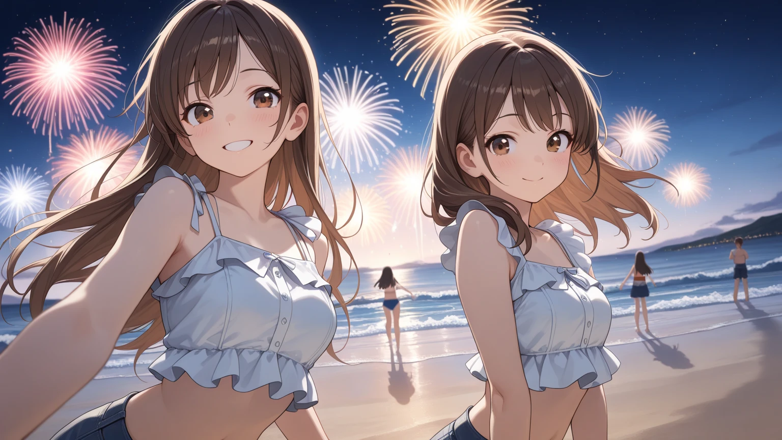 (Very detailed,High resolution,masterpiece:1.2)Japanese、Night view, Starry Sky、milky way、Light brown hair. Big fireworks、(Highest quality:1.2), 20~40-year-old woman、Small breasts、Very detailedな, High resolution, masterpiece:1,2, Vivid and colorful,, Professional Lighting, Physically Based Rendering, Flat Color:0.8, Detailed illustrations, realism:1.37, Makoto Shinkai style, Your name style, Light brown hair, Elegant update,ponytail, Bun Hair。, Laugh together, Dynamic pose, Selfie, Full body older sister、。naked、Show off your full breasts, Areola、Nipples、I love you 、Bitch、Obscene、Small breasts、Pubic hair is visible、Genitals are visible、The whole body is visible、Anime Drawings、figure。The whole body is visible、All naked、A group of several people