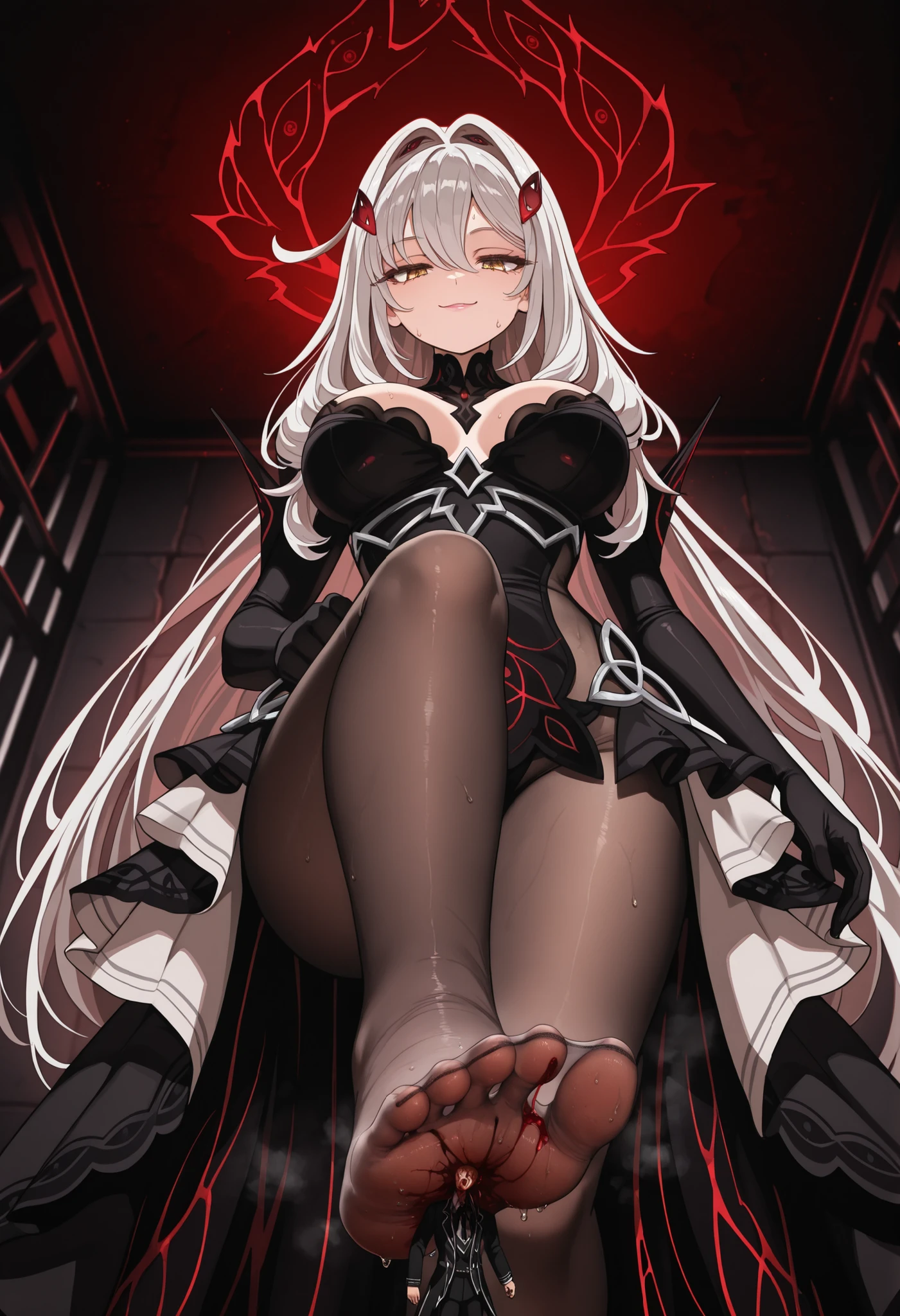 ((masterpiece, top quality, high resolution)), ((Highly Detailed CG Unified 8K Wallpaper)), (Huge Amazing Goddess Shots, Extremely Hot and Sexy, breathtakingly beautiful, perfect ratio down to a lot, beautiful body,  slim body beauty :1.1), Ronova GI, (((((from below))))),giantess,(((close-up her sole))), curved body, My skin is white, gray hair, long hair, hair clip, Bang, Thick Hair, golden eyes, flower shaped student , Pink Lips, Black Sheer Bodysuit, Black Strapless Dress, big breasts, Open Front Skirt , thick thighs, Grey Ruffled Sheer Skirt, Black Feather, black opera gloves, black high heels, Dark Red Feathers with Eye Shaped Holes,  Black Sheer Pantyhose , hair ornament, Beautiful Faces Show Strong Will,  Black Crown on Her Head , cross,   Barefoot,  miniboy stuck to her foot,miniboy is bleeding,(((miniboy is headless))),detailed tiny man, (front view, looking at viewer,look down, Seductive smile, with a perverted and sensual expression),(standing on one leg),(((Sweat on your feet ,steam from feet))),((guro)),prison,dark room,nsfw