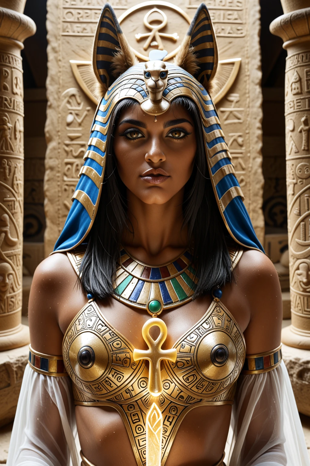 Egyptian woman, pharaoh, gold jewelry, Masterpiece, Ultra realistic, Photo realism, standing, short black hair in braids, bobcut