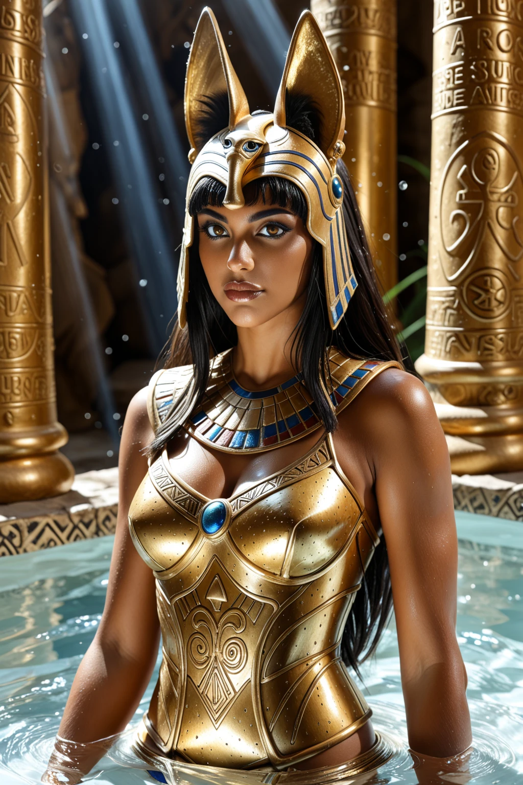 Zendaya as Cleopatra, Egyptian Queen hairstyle, Ultrarealistic Golden brown eyes, both eyes are similar, Heavy makeup, Ultrarealistic Red lip, Dark black eyeliner, Purple eyeshadow, Ultrarealistic toned Athletic body, toned abs, wide hips, Gold bracelets, heavy jewellery, Ultrarealistic heavily oiled shiny skin, a close up of a woman with a breast and a very small breast, dark brown nipples, beautiful cleopatra, goddess. extremely high detail, artgerm julie bell beeple, cleopatra, egyptian princess, karol bak uhd, artgerm detailed, artgerm. anime illustration, artgerm. high detail, egyptian, full body view, sharp focus on her breast