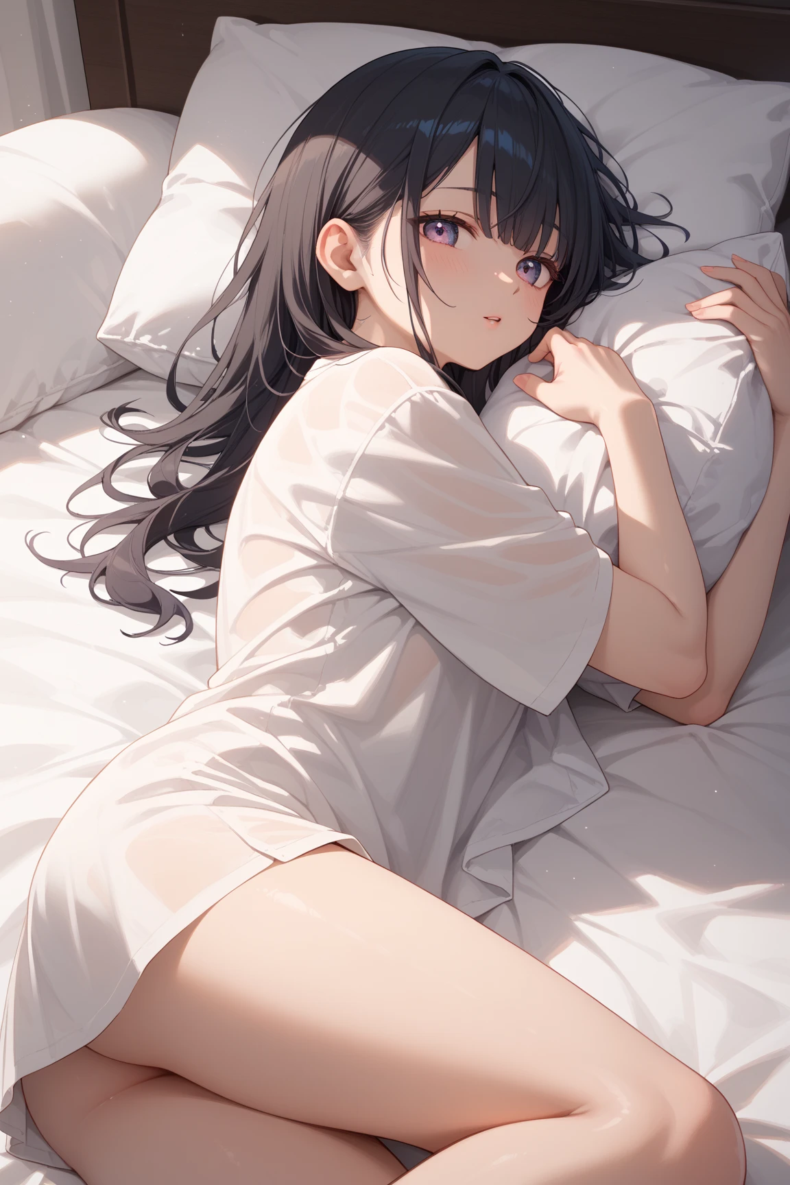 boy lying on back,tender face,female,female lying on stomach,,black bob hair,curvy,