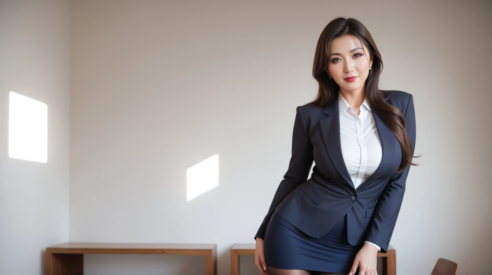 A woman sitting with her legs apart in the drawing room, white wall, glass table,sexy pose with legs open, Whole body down to the toes wearing high heels, (((masterpiece))), ((highest quality)), ((Complex)), ((surreal)), stupid reply, mature woman, president&#39;s secretary, perspective, very detailed, shape, 1 girl, ((big breasts)), perfect hands, thin fingers, fine and beautiful eyes, long hair, brown eyes, name tag, chief executive officer（chief executive officer（CEO））, (business suit:1.2), open office shirt, cleavage, Tight Skirt, black choker, earrings, stockings, detailed background, perfect eyes, enchanting eyes, looking at the viewer, nipple protrusion