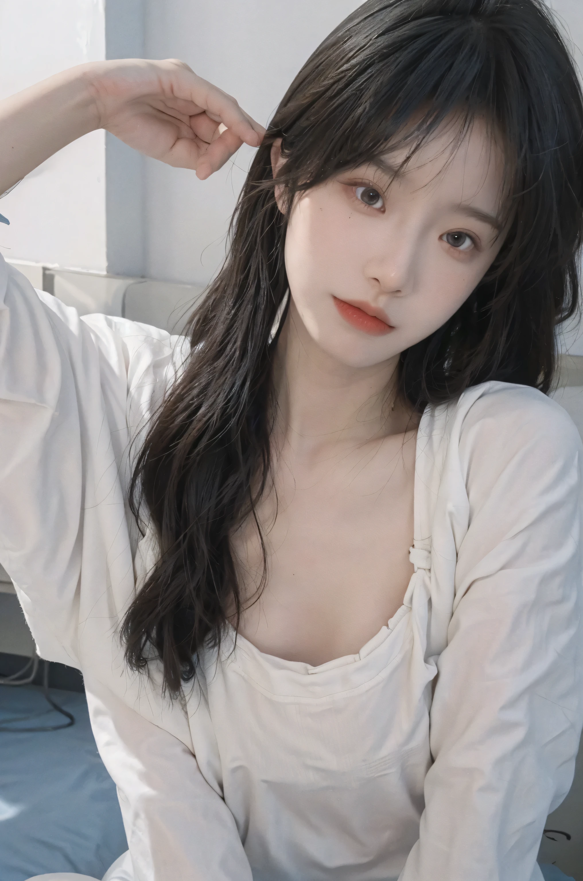 best qualtiy， Ultra-high resolution， （realisticlying：1.4）， one-girl， A pair of clear and moving peach blossom eyes,Royal sister，Off-shoulder white shirt， Black tight skirt，  （Faded gray-gray hair：1）， （big cleavage breasts：1.2）， looking at viewert， closeup cleavage ，