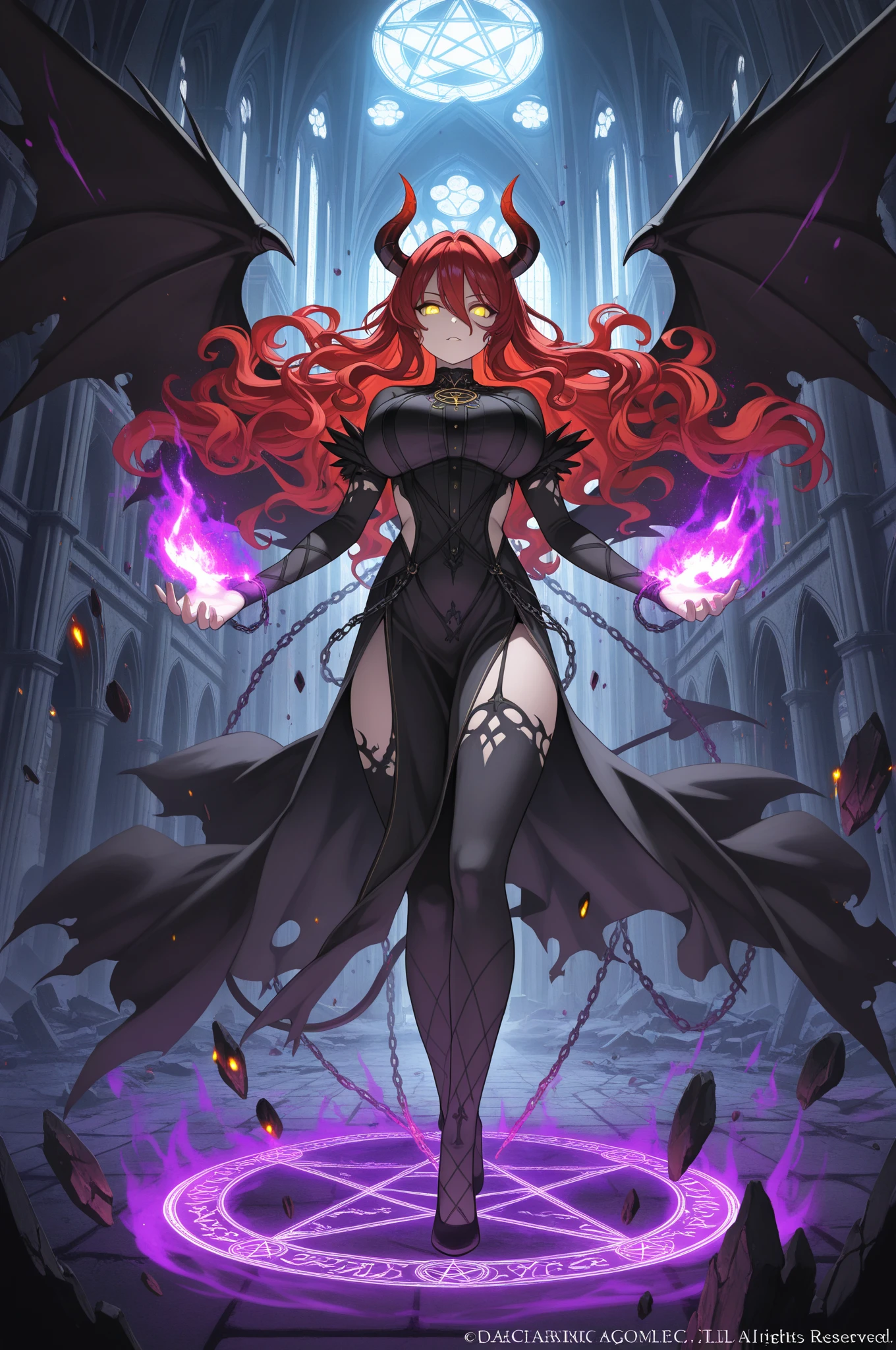A female demon with cat ears, Elf ears and black demon horn, ((orelhas de elfo)), ((demon horn)), (orelhas de gato)), cabelo cor-de-rosa extremamente longo, ((Cabelo cor-de-rosa)), White eyes of the demon, ((olhos brancos)), vestido de gala preto longo volumoso e lindo, Gothic cathedral abandoned and destroyed with corvus and spiders