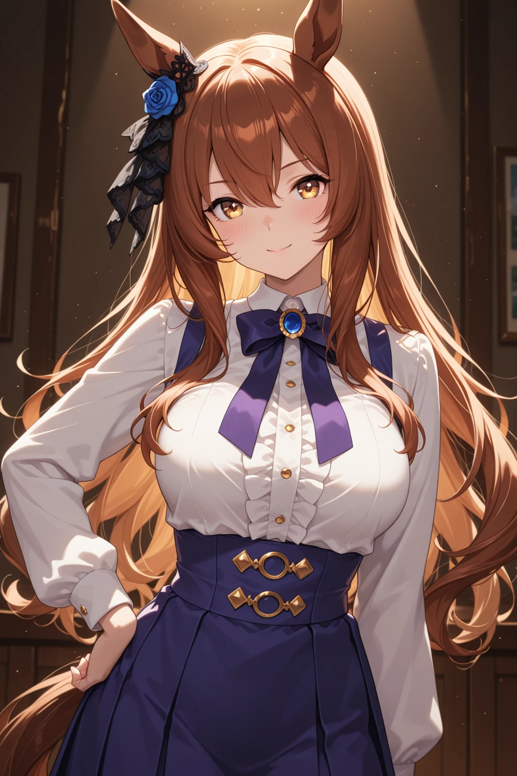 Slender beautiful girl、10th Generation、sleeveless high neck blue blouse、Office、OL、off shoulder、White LINE Design、pants style、red brown heir