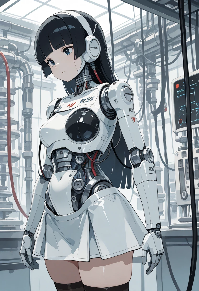manga, cyborg girl with mechanical body hanged from her back (like she's falling from an altitude) with wires attached to the top, wires connected to his back for healing, dark theme with point lights somewhere, 2d, this is happening in a cyberpunk closed space, wide angle, the girl is in the middle of the image, manga and anime style