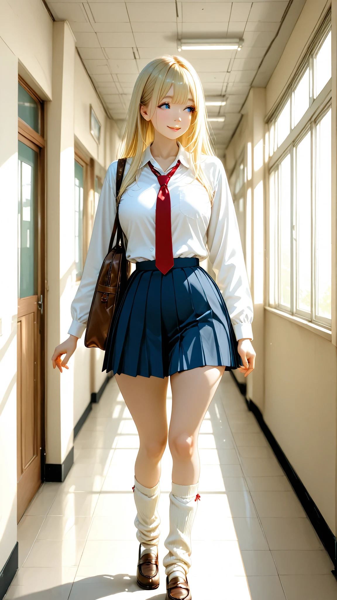 akizuki airi. oni chichi, masterpiece, best quality, super detailed, illustration, flat color, depth of field,
1 girl, young, anime, standing, on the street of the city, full-length, turned sideways, blonde, twintails, looking at the viewer, red pleated miniskirt, wet white button-down shirt, school uniform, serafuku, blue tie, no bra, black tights, small backpack, detailed skin texture, detailed fabric texture, beautiful detailed face, big breasts, blue eyes, pregnant, smile