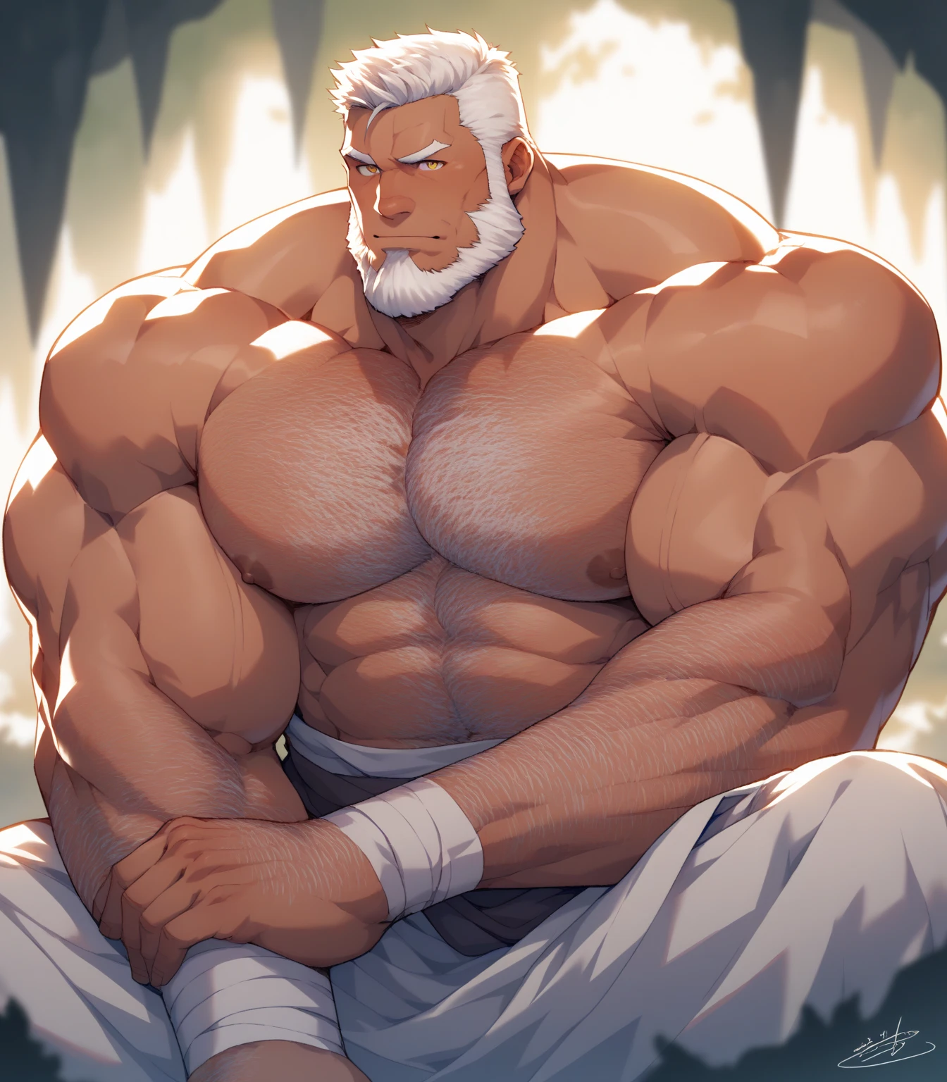 solo, 1boy, perfect anatomy, ground view, wrinkles skin, low shoot, down view, perfect proportion, thick body, thick thighs, sharp eyes, big eyes, smile, perfect fingers, big hand, fingers. Huge Muscular Old man with short hair, karate uniform, sitting in floor, in the dojo,(karate uniform:1.2), view from side, pectoral, thick arms, huge pectoral, wide pectoral, white hair, white beards, masterpiece, semirealistic:1.2, high detailed, 8k, high resolution, perfect center, full view. ((really big muscle, massive muscular, sixpack, thick arms, wide pectoral, super huge muscle, hyper muscular, over sized muscle, huge arms, big arms, huge pectoral))