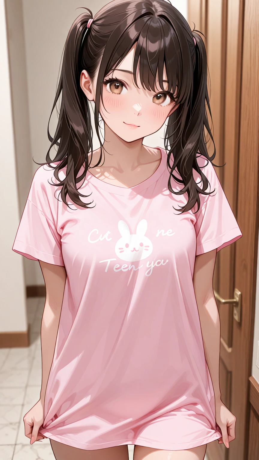 (best quality, masterpiece:1.2), ultra detailed, 1girl, <lora:mikajougasakitest:1>, jougasaki mika, pink hair, ponytail, 
shirt, short shorts, short sleeves, oversized shirt, bracelet, collarbone, 
<lora:ama_mitsuki_v0.1:0.8>, 
simple background,