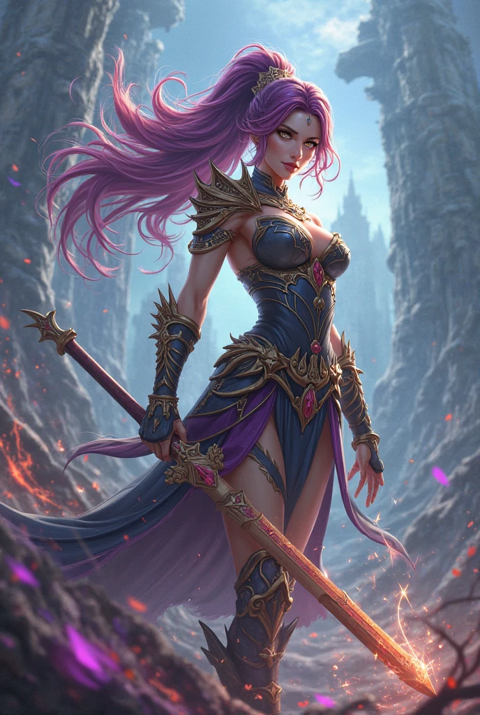 A Female Eladrin Elf, weighing 65 kgs, 6 ft tall build quite strong, purple hair, purple eyes black hair and light mint skin for dungeons and dragons 5th edition
