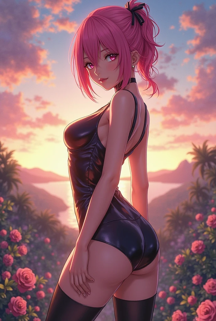 masterpiece, best quality, absurdres, 1boy, 1girl, anal_tushy, , mksks tushy, cum, crempie, ass, ass_grab, on_back, lying, hetero, leg_up, legs_up, (looking_at_viewer), , sex,  presenting, , spread_ass, spread_legs, solo_focus,  haruno sakura,  side bangs, forehead mark, red hairband, red sleeveless dress, pink medium hair, green eyes --auto --s2