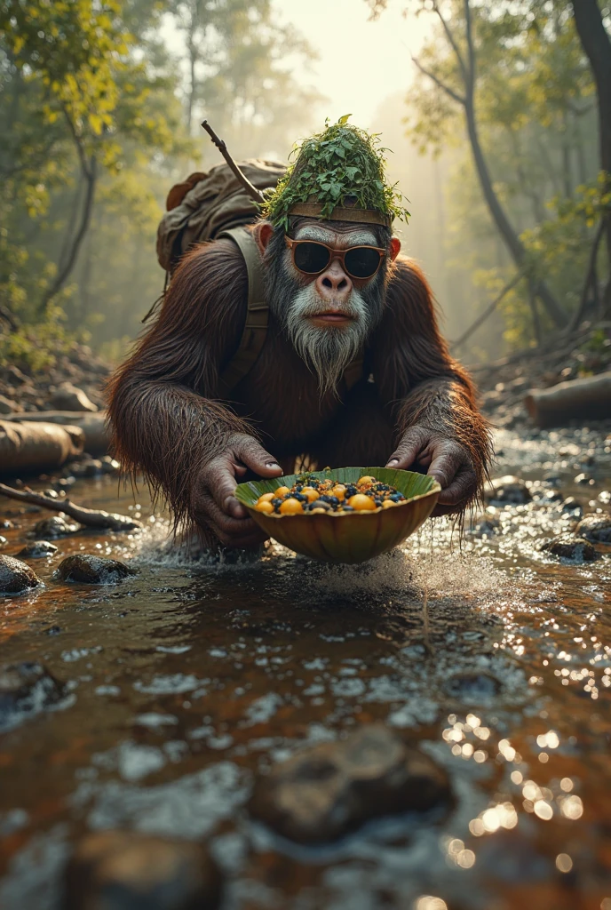 Chimpanzee praying in a dense jungle, he wears headdress with colorful feathers on his head, around him many wet foliage after heavy rain,,((masterpiece)))), (((best quality))), (((ultra-detailed)), (hyper-realistic), (highly detailed CG illustration), cinematic light, photorealistic, moss on the ground