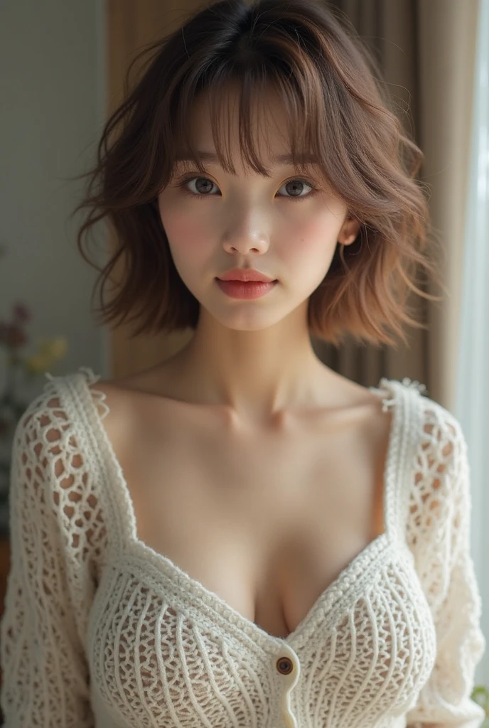 ((highest quality, 8K, masterpiece :1.3)), 1 girl, pretty woman with thin abs :1.3, (medium short hair, huge breasts :1.2), fluffy pajamas:1.1, super detailed face, fine eyes, double eyelid