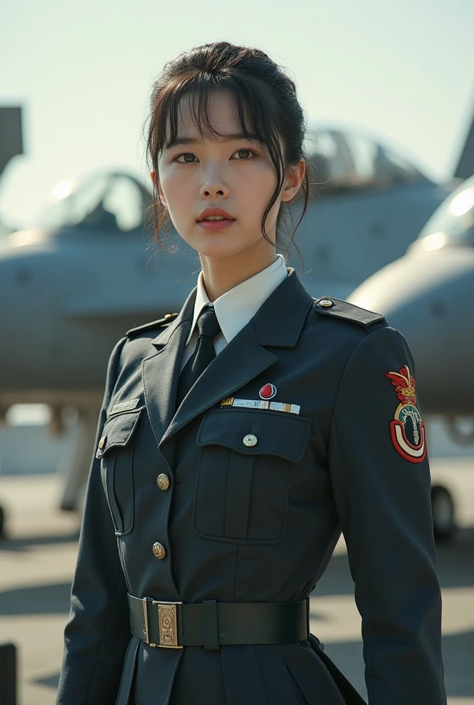 a beautiful jisoo woman dressing militar uniform as dictator of north korea,full body,cute,sexy,highly detailed,lit edges,volume lights,cinematic,aesthetic,realistic,curvy