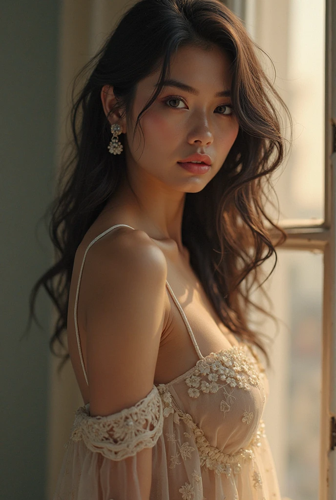 she sitting chair at coffeshop ,huge smile, side view, she is wear white lace strapless dress ,large breasti large boobs,g30 ,background modern coffeshop starbucks,at the sturbucks, she is name ahu 20 years old (brunette) ,(tall woman),(long legs),single woman, chest 80 waist 60 hip 80 , G30, tall woman, she is wear black lace long socks and garter, sexy pose, ultrarealistic, , giving a sexy look, huge smiling , .RAW, Nikon Z 85mm, award-winning glamor photography, ((best quality)), ((masterpiece)), ((realistic)), (long brunette hair), hazel eyes,intricate details, highly detailed, sharp focus, professional, 4k, stunning hazel eyes, delicate, innocent, high resolution, detailed facial features, high detail, sharp focus, soft , aesthetic, extremely detailed, photo_\(ultra\), photorealistic, realistic, post-processing, maximum detail, real life, ultra-realistic, photorealism, photography, 8k uhd, photography, russian face,she is wear white lace strapless dress,NSWF, huge smile,cute