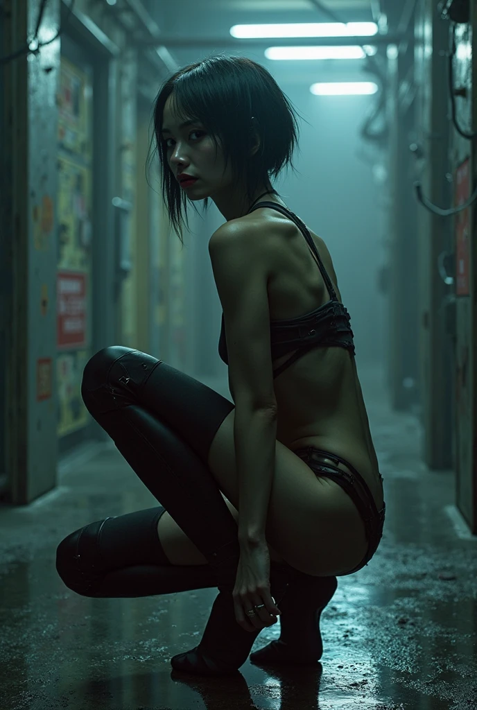 (melhor qualidade,high resolution,Obra de arte, Aerial view:1.2),ultra-detalhado,A mulher,vestido com uma malha sexy futurista,doentio,standing in a dark, abandoned factory,Standing in a spooky old warehouse,Dark Ecstasy,fetiche,atmosfera escura e sombria,textura arenosa,Retro atmosphere,realidade distorcida,Melancholy expression on his face,aura misteriosa,atmosfera nebulosa,fundo nebuloso,Paleta de cores sutis,pose provocativa,strong emotions,Saindo das profundezas do desespero,olhar penetrante,sombras intensas,Plunged into darkness,dark industrial aesthetic,sinister vibration,An otherworldly feeling,Loss of place in time and space,mysterious silence.asymmetrical bangs, sardas, cabelo curto rosa, franja, sardas, olhos cinzentos,