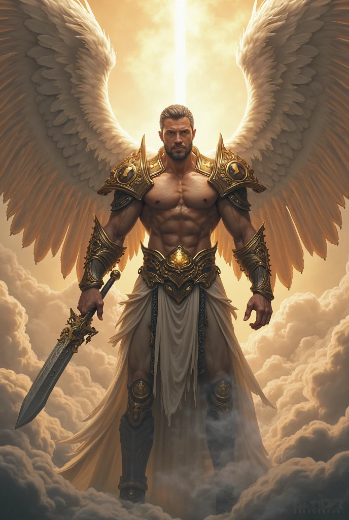 masterpiece, best quality, realistic, ultra detailed, movie poster style, dungeons and dragons character design, celestial, bruneian man with round face, muscular, fashionable dark hair, radiant white angel wings, sexy heavy armor, flying mid-air, dramatic slashing with flaming sword towards camera, god rays, perfect fingers, perfect hands, perfection
