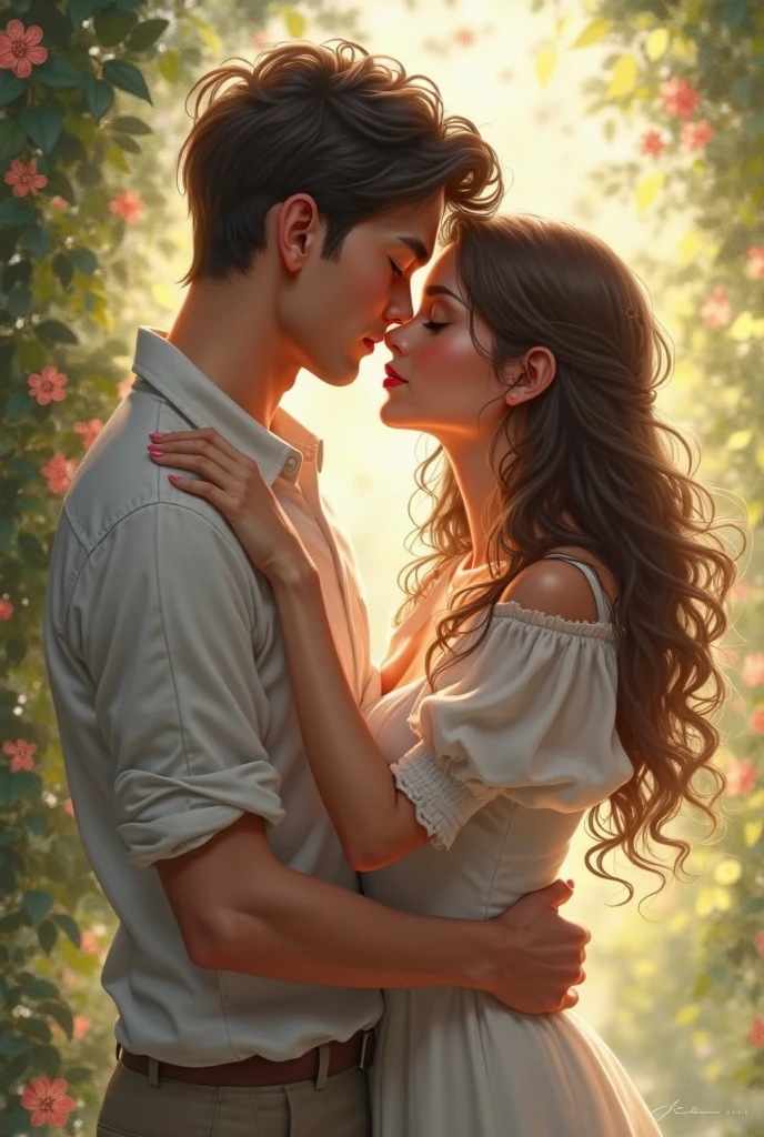 A young boy kissing the young girl, and the girl wear bra his breast is so big  with beautiful background like jungle 