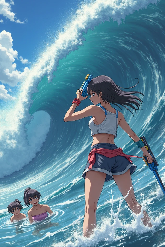Cyborg battle angel alita diving the big wave in the style of katsushika hokusai