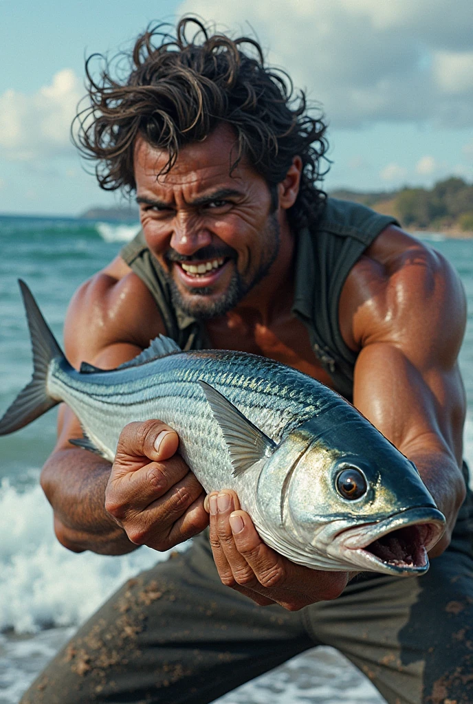 Man eating raw fish in ocean dangerous waves