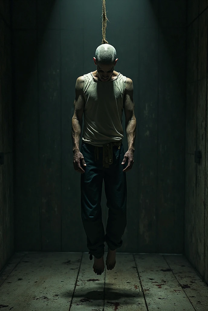 A 13-year-old male adolescent, shaved hair at 3, with gray eyes, bare chest, with a single tattoo on his left chest, short and black pants, and in an abandoned underground city.