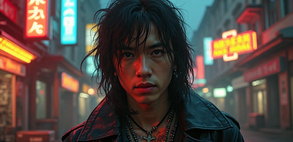A photo of extremely handsome young men, 15 years old, muscular, tattooed, wearing necklaces, long hair, gangster style, romantic, Hong Kong cinema, street scene. Eyes are filled with sadness and desire to rise. Violent background, smoke and fire. Cinematic lighting, high detail, 8K, artstation, conceptual art, dark fantasy. Photo taken with Canon EOS R5 85mm f/11 camera, ((sharp)) mode of people and surroundings. Image quality ((8K)), ((realistic)), ((masterpiece)), ((sharpest and highest contrast)), ((excellent depth of field)), ((stereoscopic lighting)), ((angry, ferocious )), detailed pores, ((Direct light on the face)), bright sunlight. (((Wearing a sword on his back))), (((holding a sword on his hand)))