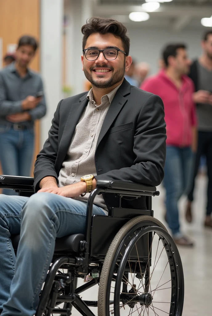 Enigmatic man with smile on his face and glasses in his right hand while sitting in wheelchair, perfect smile