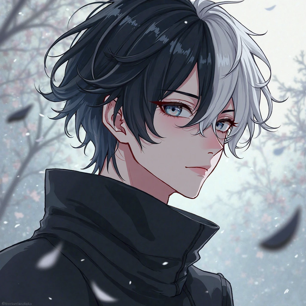 Please create a male anime character with black and white hair - SeaArt AI