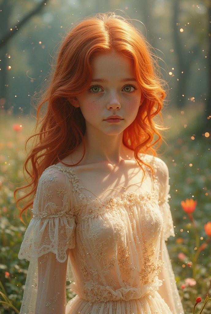 girl with red hair, evening dress, beautiful park in the background