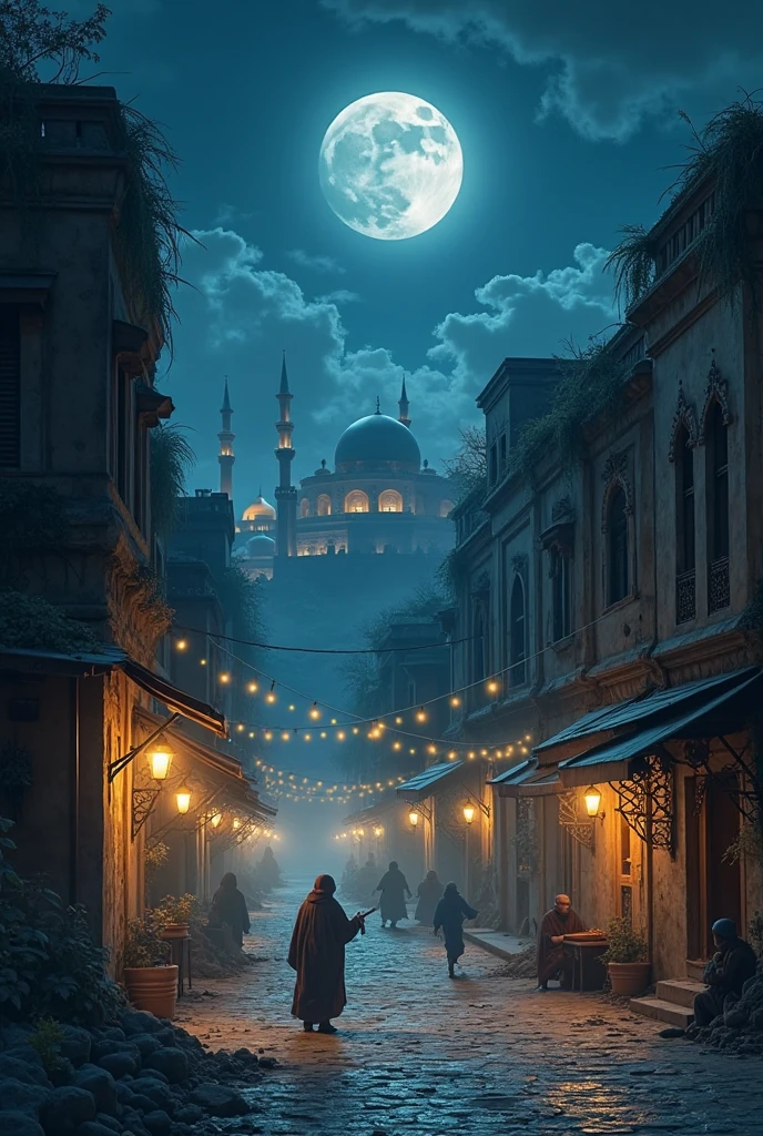 There is a market, its name is Shamim Market in which there are 10 rooms and there is also a road, 10 people are roaming on the road and next to it there is a mosque in which 4 Hafiz are going to offer Namaz wearing caps, it is a moonlit night. 