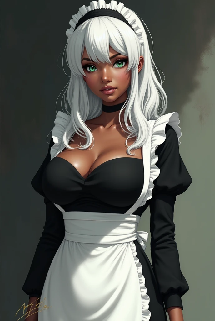 hair: white, long and thick, usually gathered in a high ponytail or braid.
fur: tanned, showing visible battle scars.
eyes: Intense, blue or green color.
face: angular, with a firm jaw and high cheekbones.
Complexion: Tall and muscular, with an athletic figure in the form of "in".
inestimenta: She wears a classic maid outfit, with a tight black dress, White apron, and lace details. The suit highlights her athletic figure.
gloves: Reinforced for combat, but with a design that matches the maid outfit.