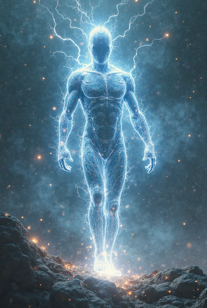 Man made of light, Background heavenly, write with "light Walker " Light" at the bottom