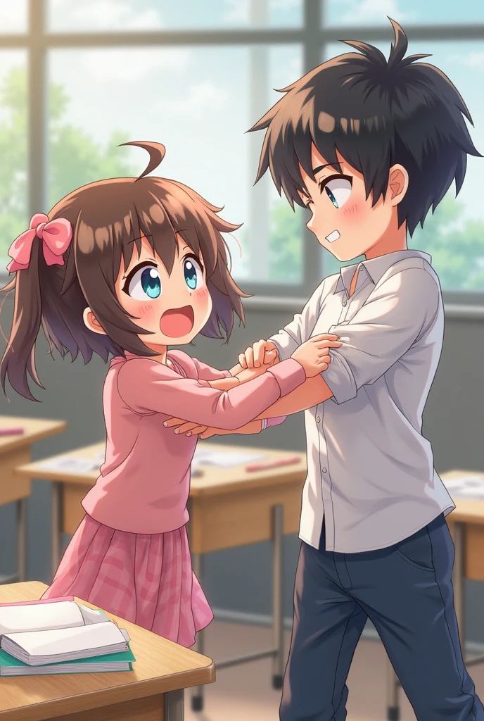 A boy and girl setting together in a classroom but the boy stretch his body towards the girl to get something from her bag which is beside the girl