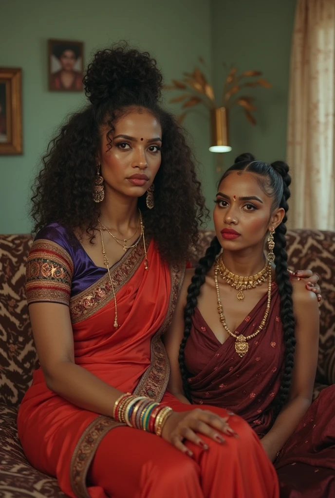 Indian woman with tall stature, comparing height, ((confrontando alturas)), stands next to Russian woman with short stature, ((mulher russa de estatura baixa)). Both women, ((cara indiana altura grande, cara russa baixa)), gaze at each other, ((olhando-se mutualmente)). Indian woman, with dark, long, curly hair, ((cabello ondulado largo e preto)), and traditional Indian attire, ((trajando vestimentas indianas tradicionais)), reaches up, ((reaching the comparison)), to touch the top of the Russian woman's head, ((Russian captain)), wearing