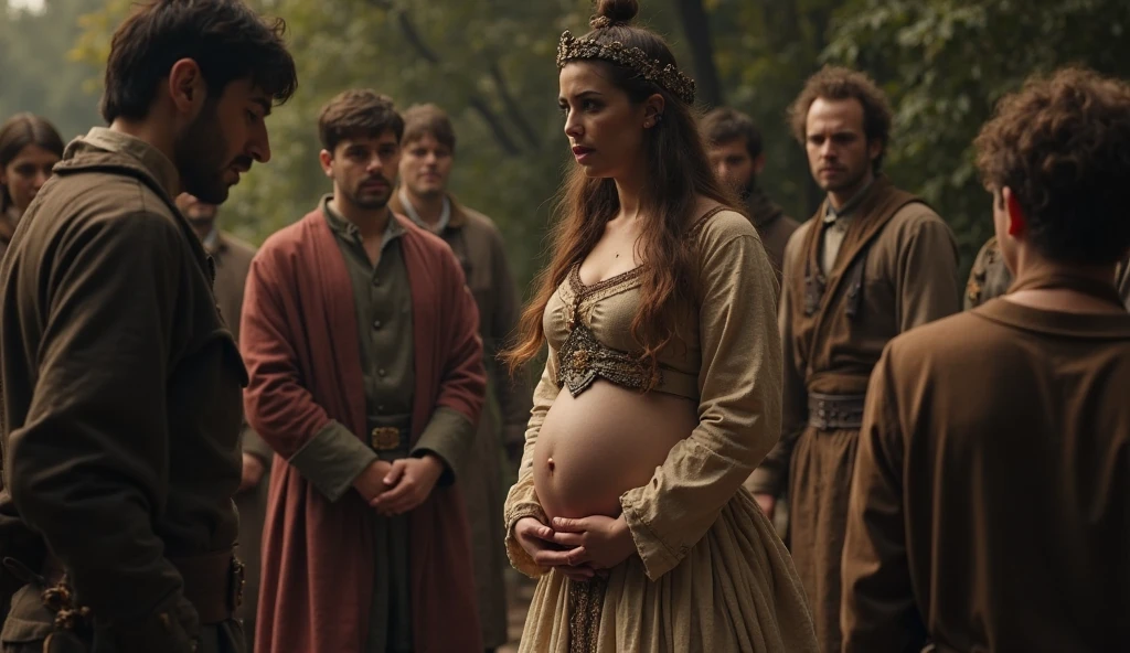 4 figures standing in castle throne room; 1 man, very old gray hair king, wrinkled skin and disfigured face; 3 daughters, tiny, very short, thin blonde hair teen pregnant beautiful princesses, long flowing transparent white gown, gold top, leg chains, wearing a gold crown, facial tattoos, neck collar with long chain, huge round pregnant belly; hand in hand a very old wrinkled gray hair king in full body plate armor, helmet, carrying sword, tattooed topless