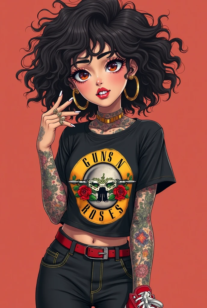 vector, girl, t-shirt, jeans, black hair, tattoos arms, holding slice of pizza --auto --s2
