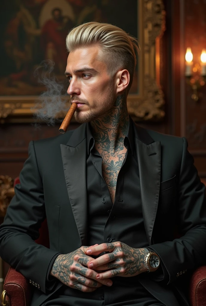 a skyscraper office in the big city, a male cyborg sits in a luxurious chair and smokes a big cigar, high quality, absurdres, masterpiece, beautiful, intricate details, 1/2 body crop, slim body, beautiful figure, magnificent anatomy, (intricate details:1.12), HDR, (intricate details, hyper-detailing:1.15), (natural skin textures, hyper realisitc, soft light, Sharp:1.2)