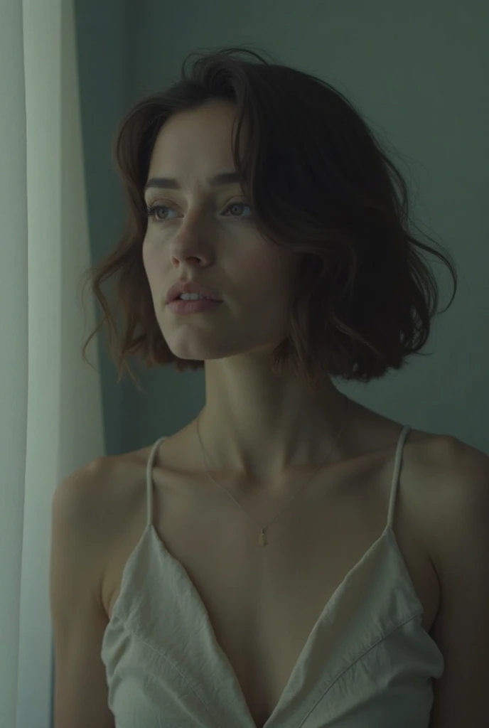 Elizabeth Henstridge with short dark hair, wearing a polka dot dress, slender figure, sad expression, detailed facial features, delicate skin, dramatic lighting, cinematic angle, high quality digital painting, muted color palette, photorealistic, 8k, masterpiece
