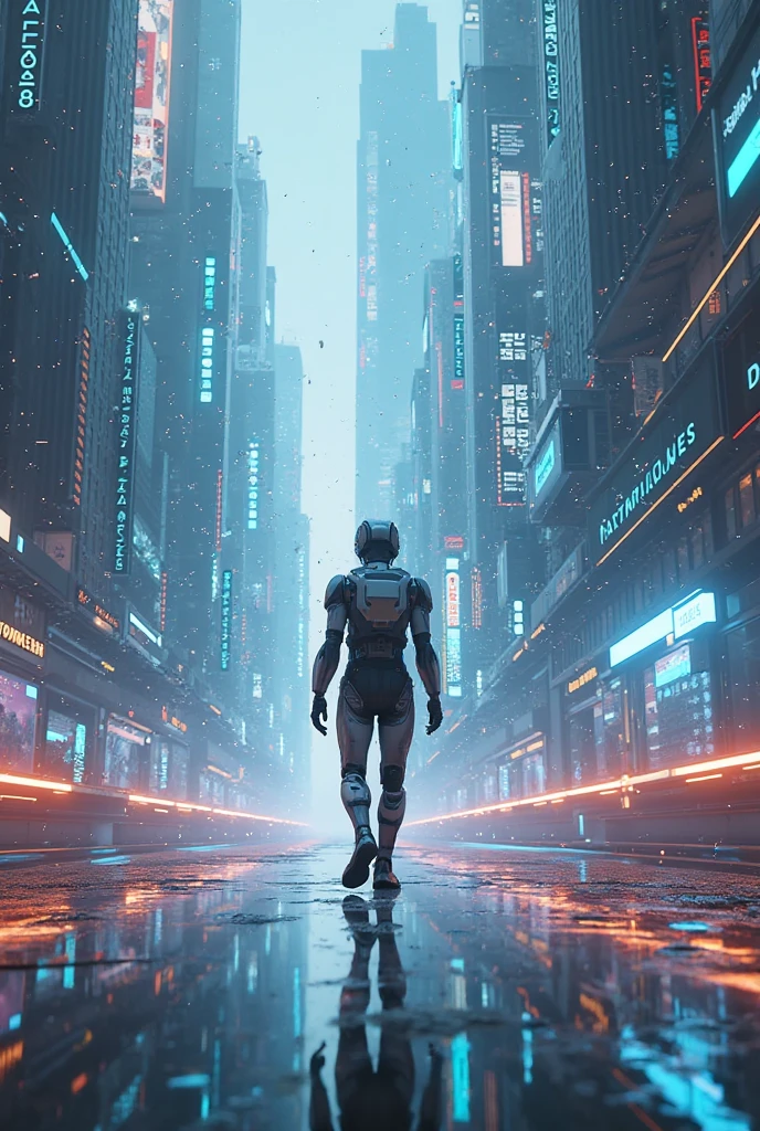 maximum quality, photorealism, 8k, film, high resolution, white woman, 8k, perfect face, bright eyes, 8k, running with a laser gun in hand and space suit with neon lights, 8k, next to a giant red, silver and gold robot, maximum quality, 8k, background of a futuristic city, winding buildings, metal, glass, concrete, dramatic light, fog,  rain, water, low view, general plan, medium depth of field, lomography, neon, maximum quality, gorgeous, masterpiece, photorealism, 8k, realistic high resolution texture, film grain, film, cinematic