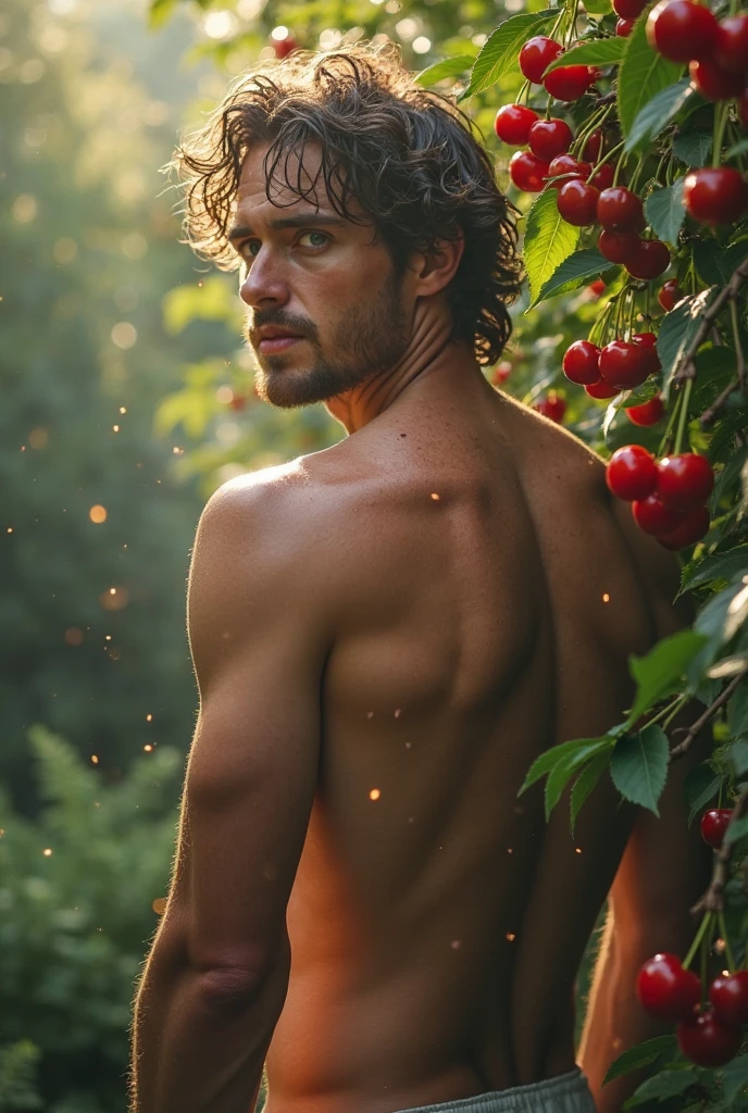 Young cute handsome white skinny angelic face shirtless naked penis big flower in his hand in a beautiful garden place