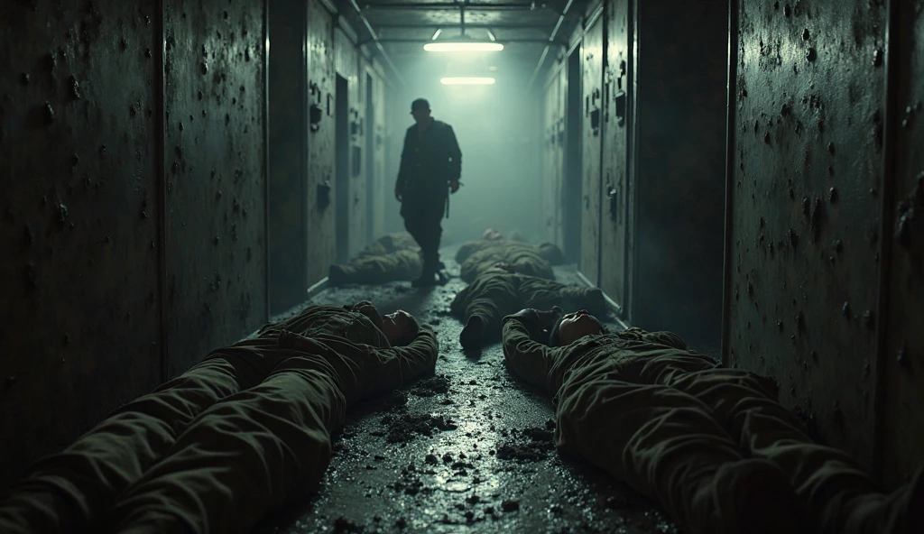 In the laboratory corridor, bodies of scientists, soldiers and scientists lie on the ground, puddles of red paint on the sterile white floor. The laboratory lights flicker violently, stealthy shadow moves in the background, and a shrill scraping of metal echoes through the halls. The scene is shrouded in increasing darkness, increasing tension and fear.