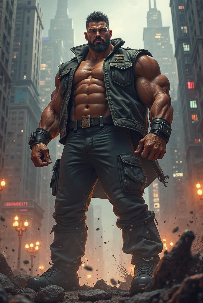 Macho、Shaved head、manly、Brown skin、Torn clothes、Hairy、Pectoralis major、Abdominal muscles、Your body is wet、Highest quality、high resolution、looking at the camera、full moon、Cyberpunk cities in science fiction movies、Calm face、He has a gun