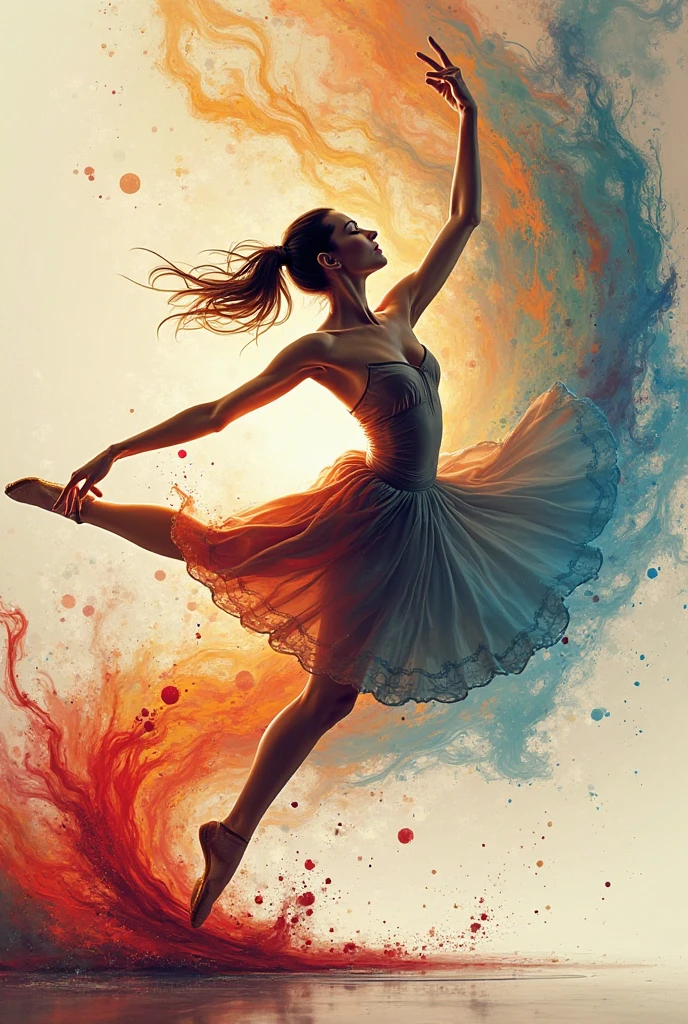 An image for a painting of a ballet dancer jumping in a colorful watercolor style