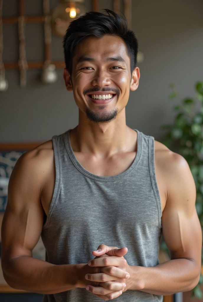 photorealistic, best quality, masterpiece, extremely detailed, sexy, homoerotic, extremely handsome, 30 year old muscular vietnamese man, muscular, (laughing out loud), wearing only apron, in kitchen, toasted bread pops out of a toaster, he tries to catch the bread in mid air, extremely romantic atmosphere, perfect face, perfect fingers, perfect hands, perfection