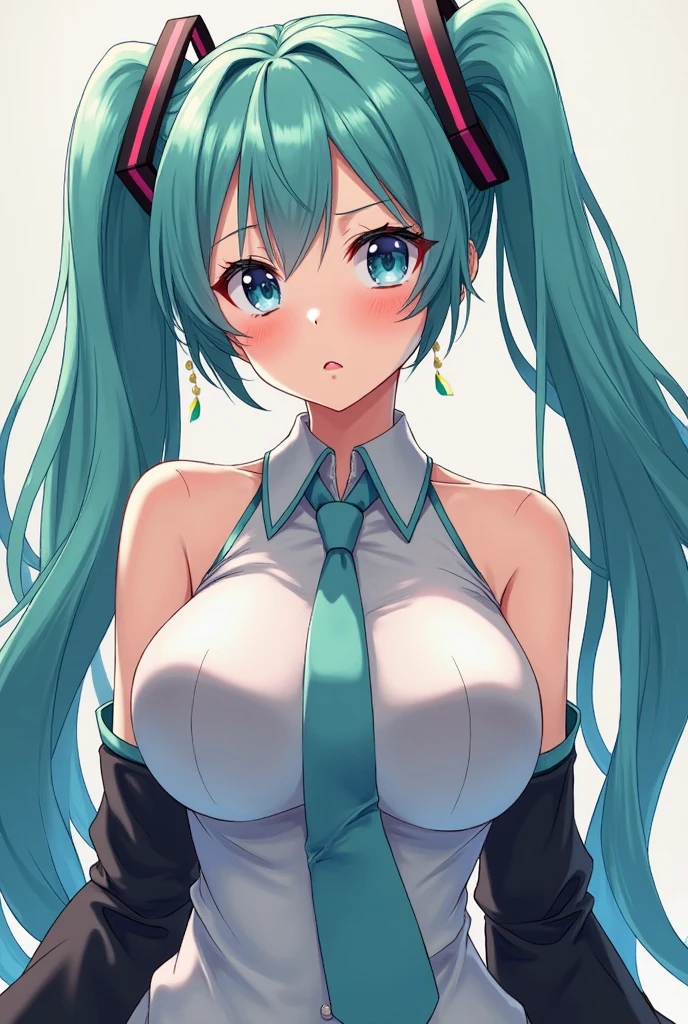 Miku from the anime quintuplets with bare chest and seductive smile looking at the viewer , wanting to show the nipples of her tits