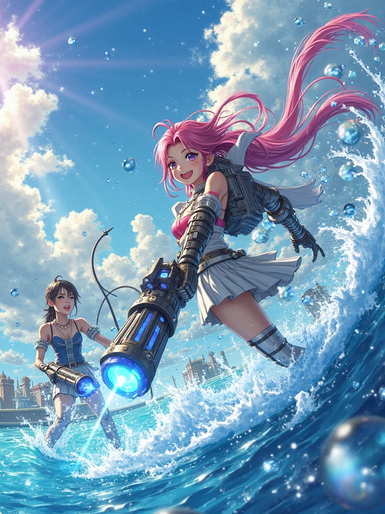 Jet Ski:3,(Vigorous attack action:1.5).wideshot,seen from the side.fullbody (mecha musume:), Mechanical armor, headgear, mechanical wings,((spread your wings)) .(((Masterpiece))) (1 girl)((Pink hair, Long hair,Straight hair,two side up)) (Green eyes),eyeshadows, eyelines,Glow Eyes, Hyper-Detailed Eyes, intricate eyes, Beautiful eyes, ((Glowing pink pupils))18 years old girls.