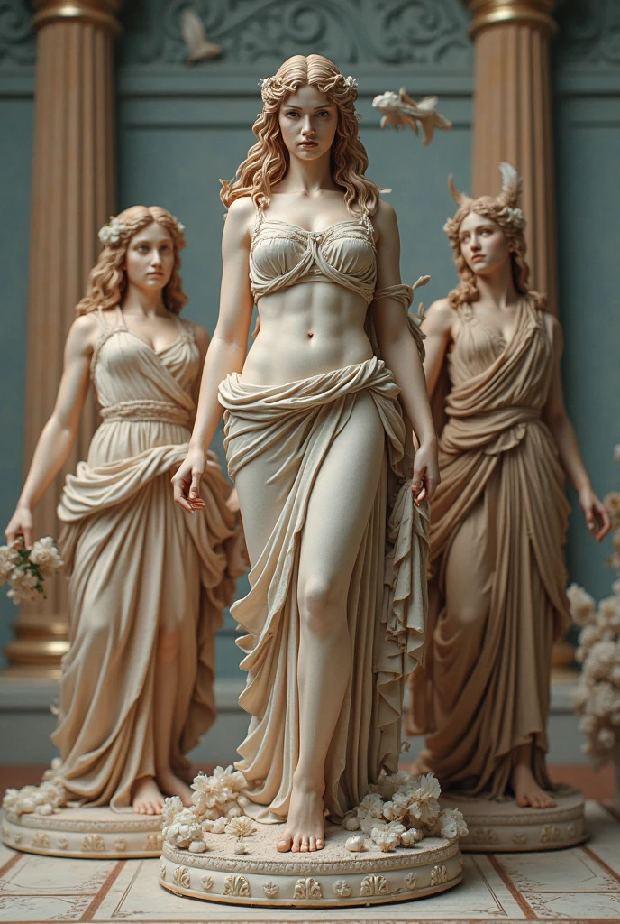 Marble statue of three water dancers (female), well-proportioned long limbs, (naked: 1.4), solid black background, spotlights, high contrast, masterpiece, highest quality, best image quality, cinematic lighting, photoreal