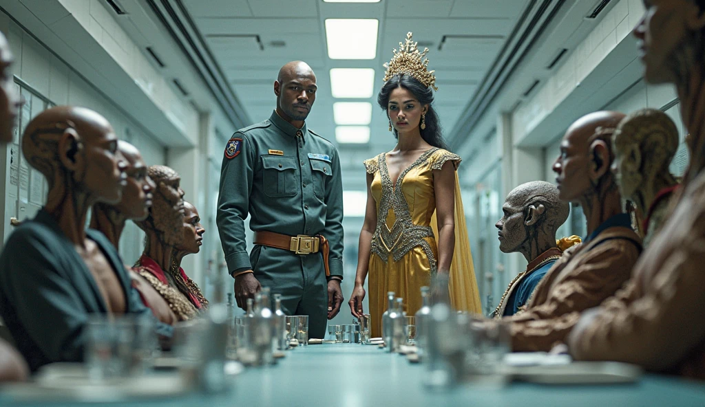 arafed image of a group of people dressed in costumes sitting at a table, still from movie dune, inspired by Philippe Druillet, by Vanessa Beecroft, vhs colour photography, cleopatra, circa 1 9 8 4, g cgsociety, 2070s, by Wojciech Siudmak, musk ( 2 0 2 4 ) --auto --s2