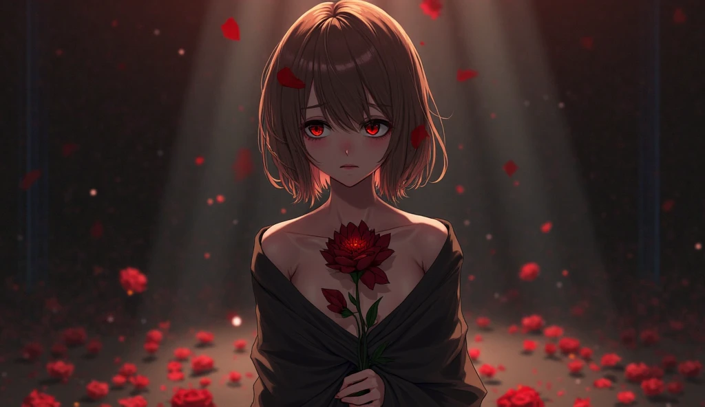 Positive tip: Compose a deeply emotional and visually stunning image of a young Norwegian woman standing next to a strong, shirtless, blue-eyed Englishman resembling a shirtless Tom Hiddleston, with delicate roses in the background. It incorporates abstract art elements with a 1.6 aspect ratio and broken glass effect, conveying broken memories, and a red background with vivid shades of red, orange and ebony. To heighten the emotional impact, they include rose thorns dripping with blood, adding to the overall beauty and evocative nature of the piece. Use hyper-detailed and complex elements, bringing the final image to life with 8K HDR and bright lighting. The dramatic atmosphere highlights the detailed, high-quality nature of this stunning work of art.